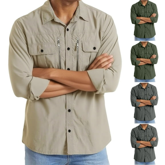 BiZtdJrK Cotton Long Sleeve Button Down Work Shirts for Men Casual Loose Fit Turndown Cargo Shirt with Multi Pockets Army Green L