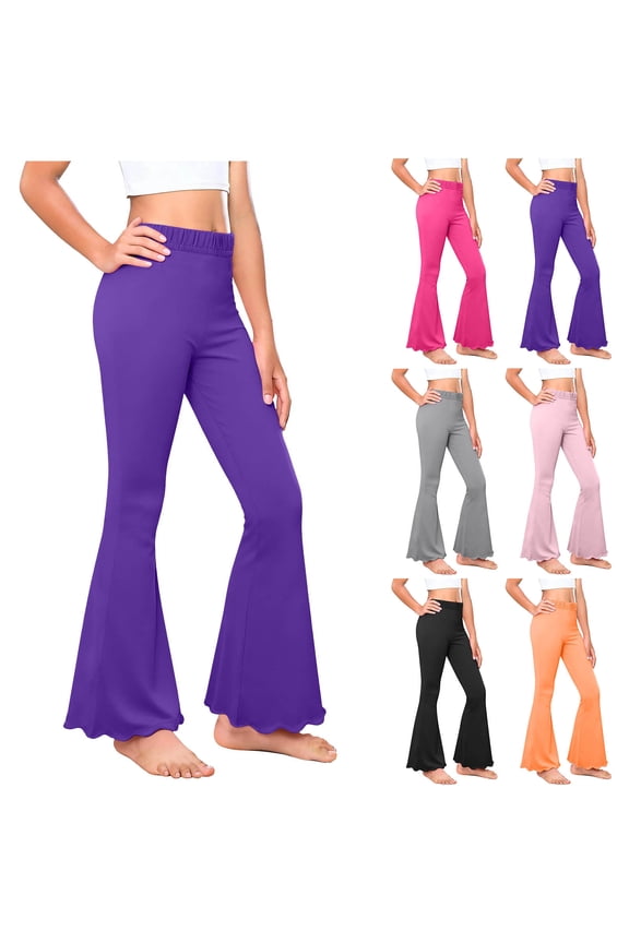 Cotton Pant for Girl Ruffle Bell Bottom Elastic High Waist Yoga Workout Pants Solid Color Comfy Casual Trousers Black 130