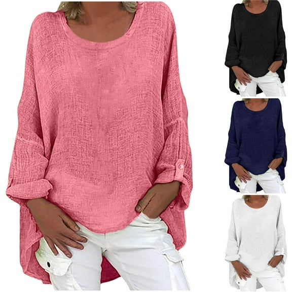 BiZtdJrK Cotton linen plus size womens tops solid color crew neck long sleeve casual daily versatile shirt Pink L