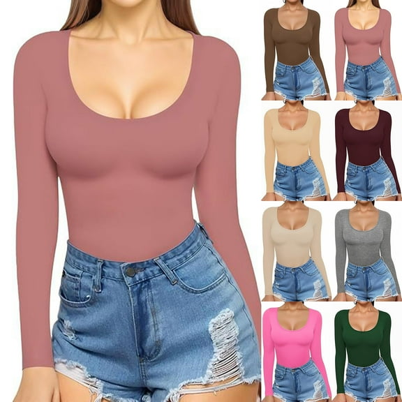 BiZtdJrK Crew Neck T Shirts for Women Long Sleeve Slim Fit T Shirt Solid Soft Tunic Tops Lightweight Workout Tee Top Wine S