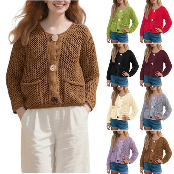 BiZtdJrK Crochet Sweaters for Women Cable Knit Long Sleeve Button Down Cardigan Sweater Trendy Fall Outwear with Pockets Coffee M