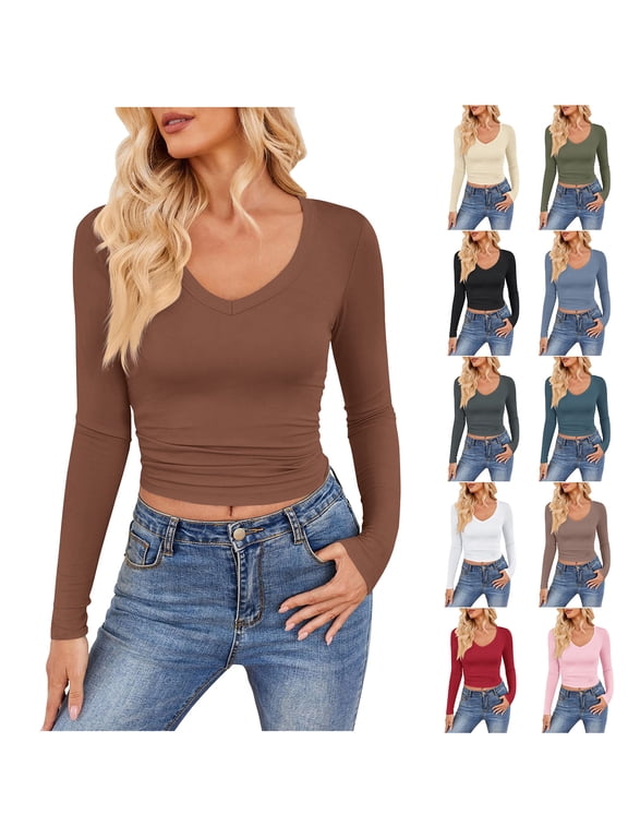Crop Shirts for Women V Neck Long Sleeve Casual T Shirt Slim Fit Solid Basic Tee Tops Trendy Street Tees Red L