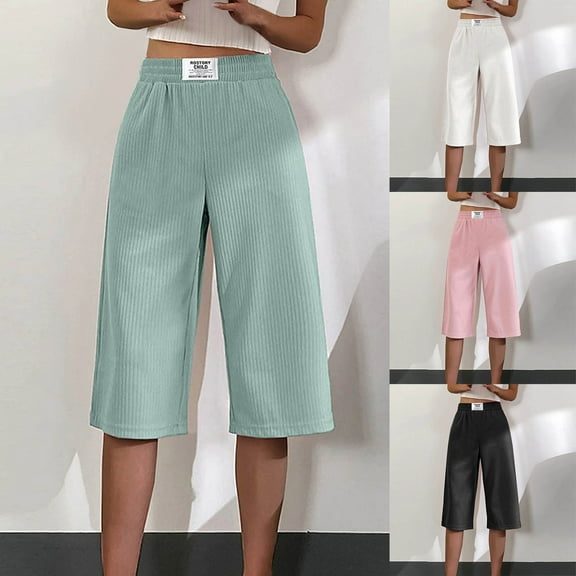 BiZtdJrK Cropped Trousers for Women 2025 Summer Capri Pants Casual Elastic Waist Wide Leg Pants Solid Plus Size Ribbed Capris with Pockets Lightning Sales Today Pink 4XL
