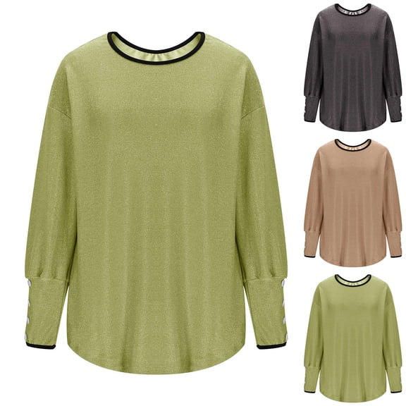 BiZtdJrK Cuff Long Sleeve Tops for Women Glitter Crew Neck Fashion T Shirts Curved Hem Plus Size Casual Spring Tees Green S