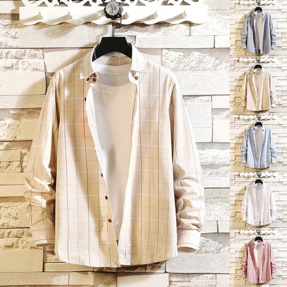 BiZtdJrK Curved Hem Shirts for Men Plaid Long Sleeve Lapel Botton Down Shirt Jackets Lightweight Loose Fit Casual Fall Shacket Khaki L