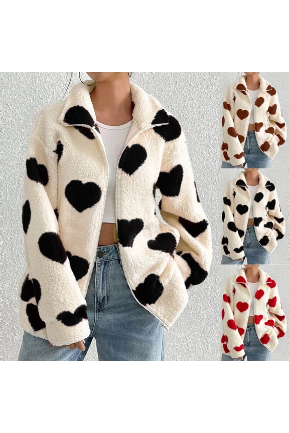 Cute Fuzzy Jackets for Women Heart Print Lapel Neck Long Sleeve Fleece Sherpa Jacket Zip Up Fashion Winter Coats Coffee L