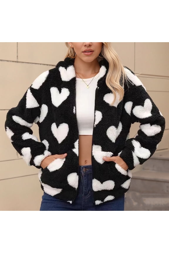 Cute Hoodie Jackets for Women Heart Print Fuzzy Fleece Long Sleeve Sweatshirt Jacket Zip Up Fashion Fall Winter Hoodie Outerwear with Pockets Black XL