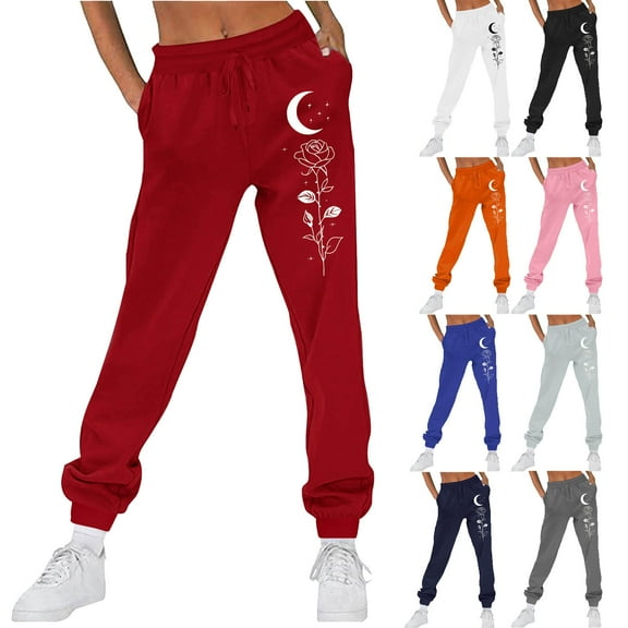 BiZtdJrK Cute Sweatpant for Women Flower Print Elastic High Waist Yoga Sweat Pants Drawstring Casual Fall Joggers with Pockets Black XL