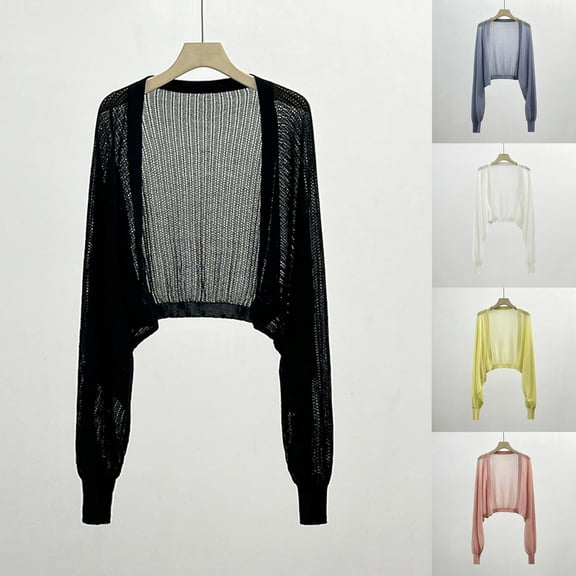 BiZtdJrK Daily Sales of the Day Women's Open Front Bolero Shrug Cardigans Lightweight Knit Hollow Out Cropped Cardigan Sweaters Basic Solid Color Cropped Tops Black 3XL
