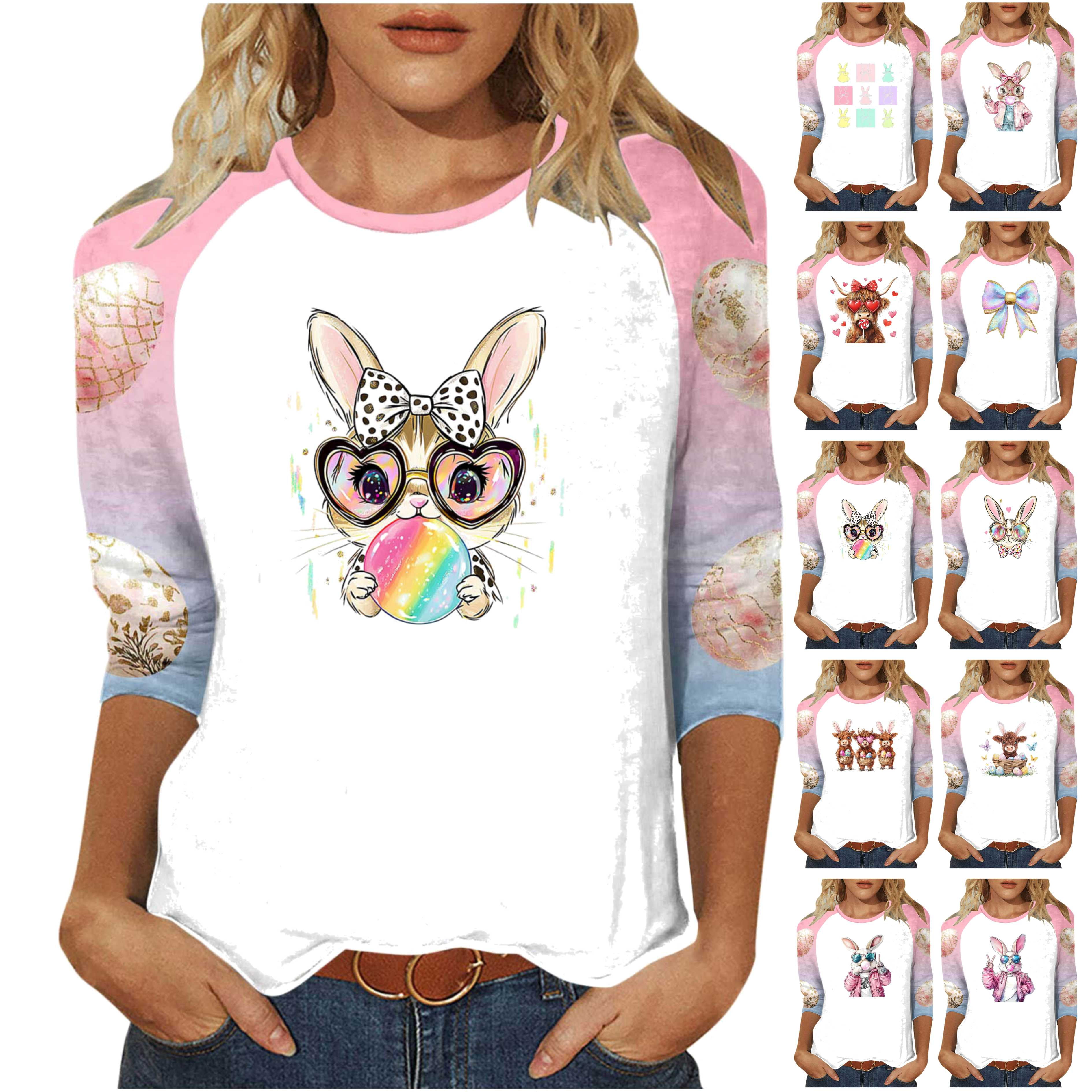 Happy Easter Shirt For Women - Cute Bunny Rabbit Graphic Tee, 3/4 Sleeve Crewneck Holiday Blouse - View #13
