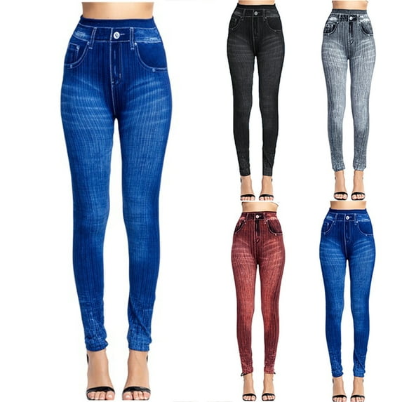 BiZtdJrK Jean Leggings for Women High Waisted Tummy Control Skinny Stretchy Denim Jeggings Solid Color Tight Fake Jeans Black Free Size