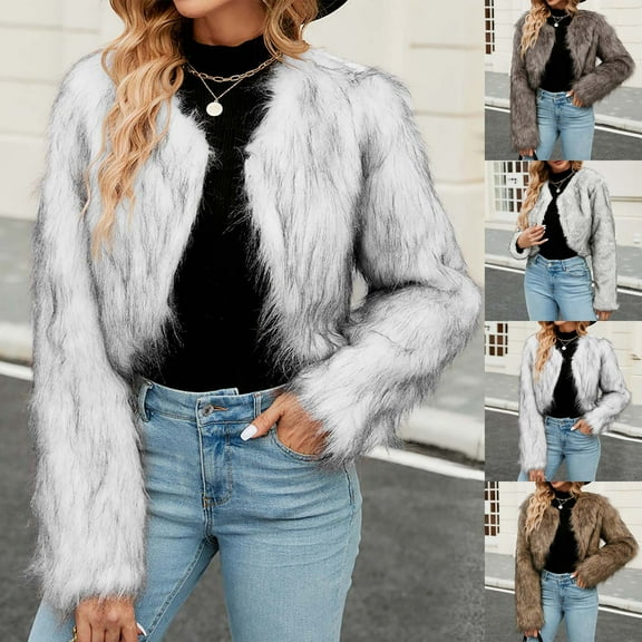 BiZtdJrK Dollar Sales Faux Fur Jackets for Women Winter Cropped Shaggy Warm Cardigan Jacket Solid Long Sleeve Open Front Loose Fit Coats Gray 3XL