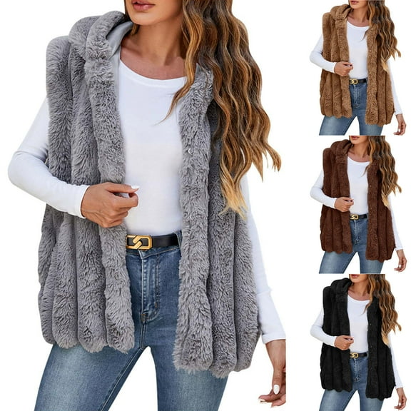 BiZtdJrK Dollar Sales Womens Faux Fur Vest Winter Warm Short Coat Fluffy Shaggy Sleeveless Jacket Lounge Fuzzy Outerwear Brown 3XL