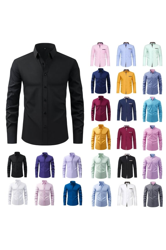 Dress Shirts for Men Solid Long Sleeve Wrinkle-Free Formal Shirt Business Casual Muscle Fit Button Down Shirts Work Tops Light Green S Lightning Sale