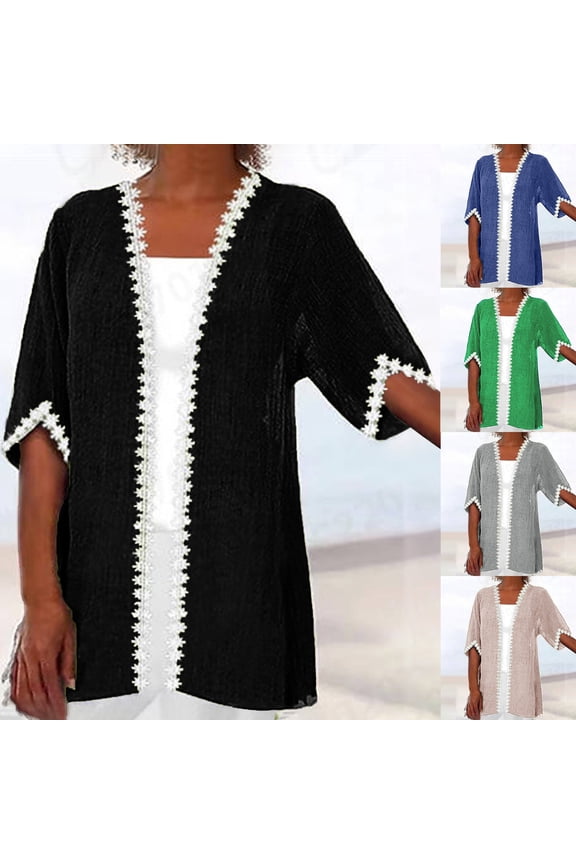 Duster Cardigans for Women Lace Trim Short Sleeve Open Front Kimonos Plus Size Sheer Cardigan Lightweight Summer Beach Cover Ups Gray L