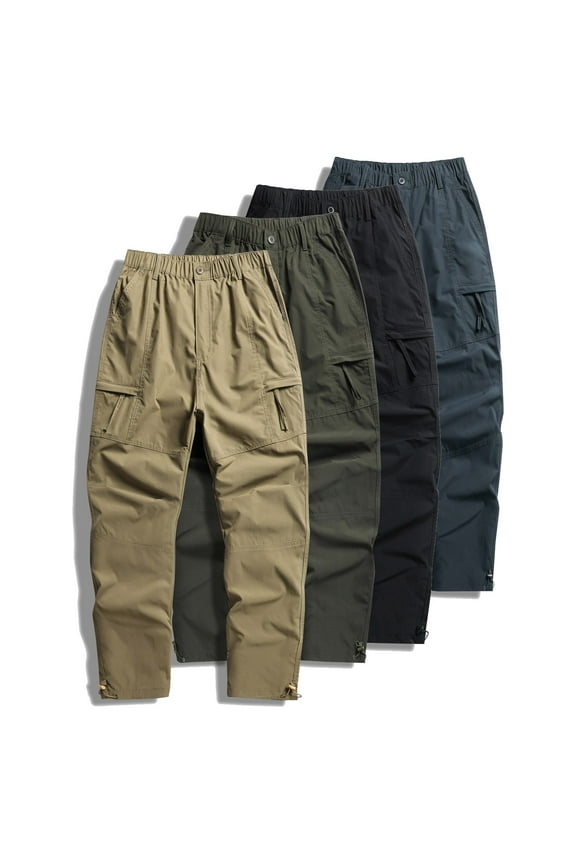 Elastic Waist Cargo Pants for Men Big and Tall Drawstring Cuff Work Pant Relaxed Fit Solid Trousers with Multi Pockets Birthday Gift Black XXXXL