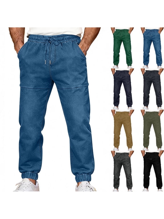 Fake Jeans for Men Baggy Elastic Waist Pull On Denim Trousers Casual Drawstring Cinch Bottom Jogger Sweatpants with Pockets Army Green M