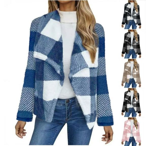 BiZtdJrK Fall Clothes for Women Winter Fleece Jackets 2025 Fashion Plaid Long Sleeve Plush Coats Casual Open Front Cardigans Best Sales Today Blue S