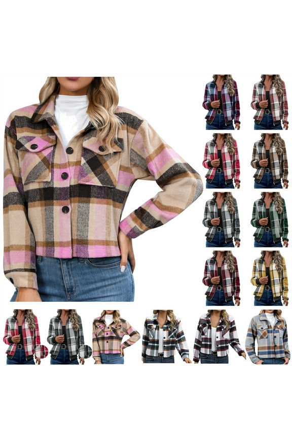 BiZtdJrK Womens Plaid Cropped Shacket Casual Button Down Shirts Jackets Fall Winter Long Sleeve Fashion Coats with Pockets, Pink, M