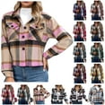 thumbnail image 1 of BiZtdJrK Womens Plaid Cropped Shacket Casual Button Down Shirts Jackets Fall Winter Long Sleeve Fashion Coats with Pockets, Khaki, M, 1 of 8