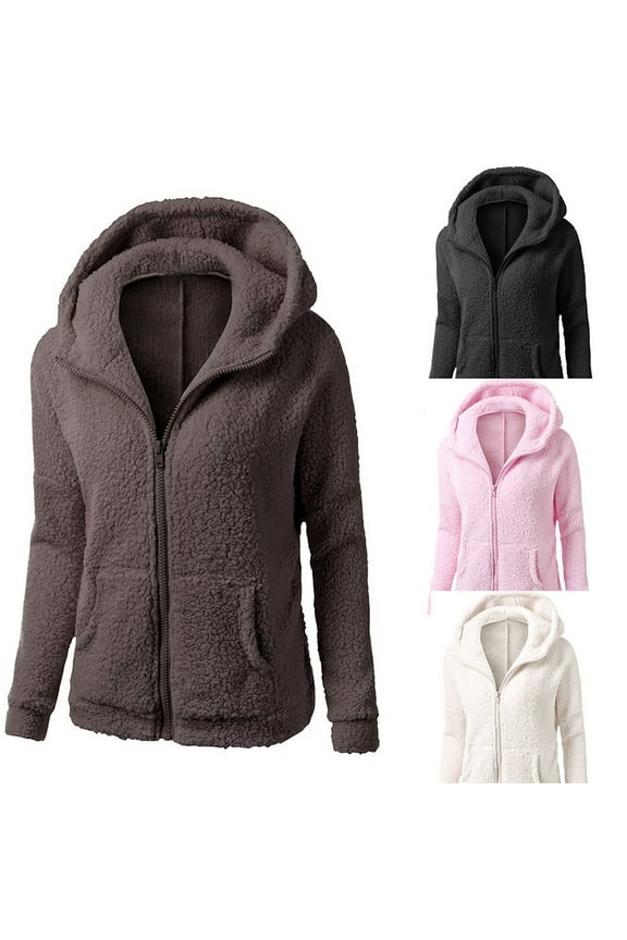 Fall Jackets for Women Zip Up Plus Size Fleece Sherpa Coat Long Sleeve Comfy Casual Warm Hoodies with Pockets Pink M