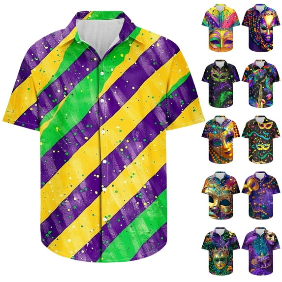 BiZtdJrK Fall Savings Mardi Gras T Shirts for Men Carnival Costume, Fashion Novelty Printed Button Down Cuban Shirts Casual Turndown Collar Blouses Plus Size Holiday Summer Top Multicolor S