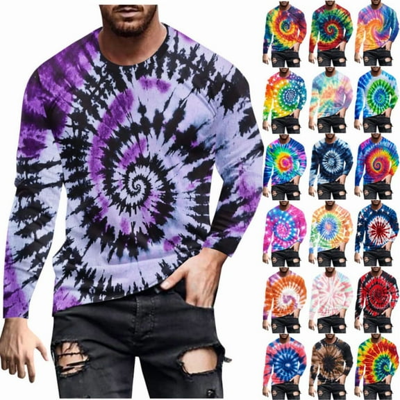 BiZtdJrK Men's Long Sleeve Shirts Casual Crewneck Pullover T-Shirt Cotton Basic Tees Fall Tops Fashion Tie Dye Print Blouse, Light Blue, XXL