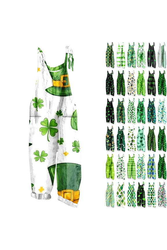 Fall Savings, Wide Leg Linen Jumpsuits for Women St Patricks Day Outfits Funny Graphic Spaghetti Strap Rompers One Piece Pants with Pockets Green XL