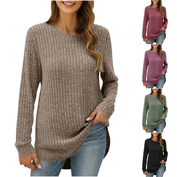 BiZtdJrK Fall Winter Basic Sweaters for Women Ribbed Knit Long Sleeve Tunic Tops Loose Fit Dressy Crew Neck Shirts Pullover with Curved Hem, Green, XL