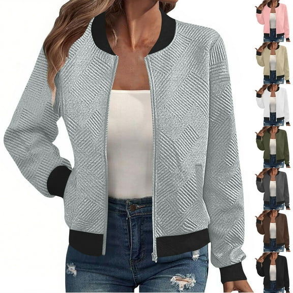BiZtdJrK Fall Zipper Jackets for Women Textured Long Sleeve Bomber Jacket Solid Casual Work Outerwear with Pockets Pink XL