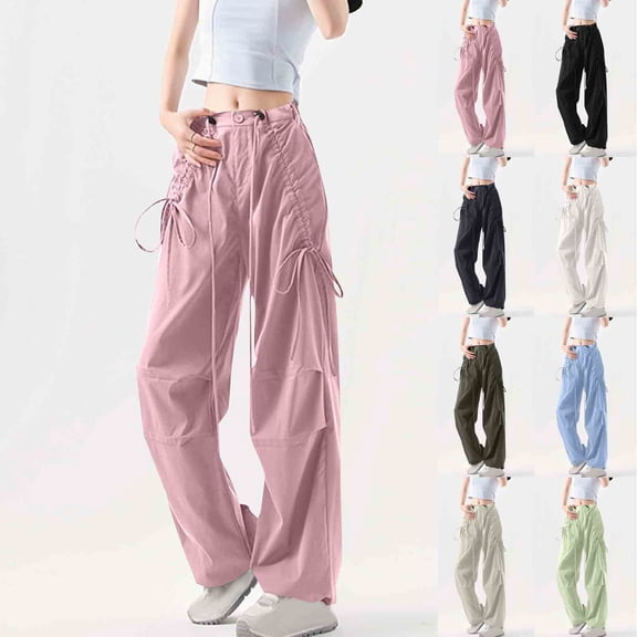 BiZtdJrK Fashion Cargo Pants for Women Bowknot Ruched High Waist Wide Straight Leg Pant Baggy Solid Casual Trousers with Pockets Green S