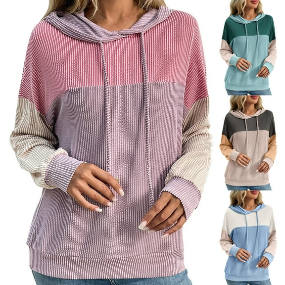 BiZtdJrK Fashion Hoodies for Women Color Block Long Sleeve Pullover Sweatshirt Drawstring Loose Casual Fall Hooded Sweatshirts Khaki M