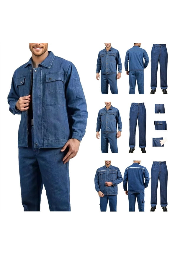 BiZtdJrK Fashion Jeans Sets for Men Fall Winter Button Dwon Long Sleeve Denim Jackets and Jean Trousers with Pockets 2 Piece Work Outfits, Blue, XXXL
