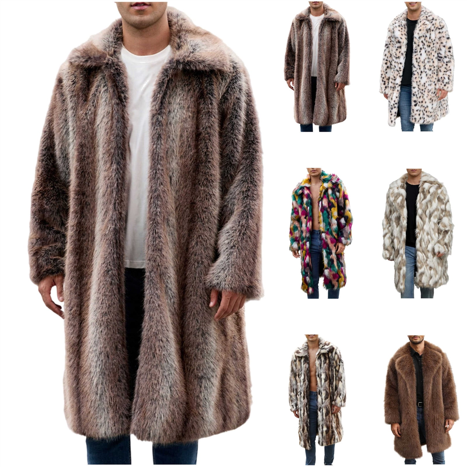 BiZtdJrK Brown Men's Faux Fur Coat Open Front Long Cardigans Loose