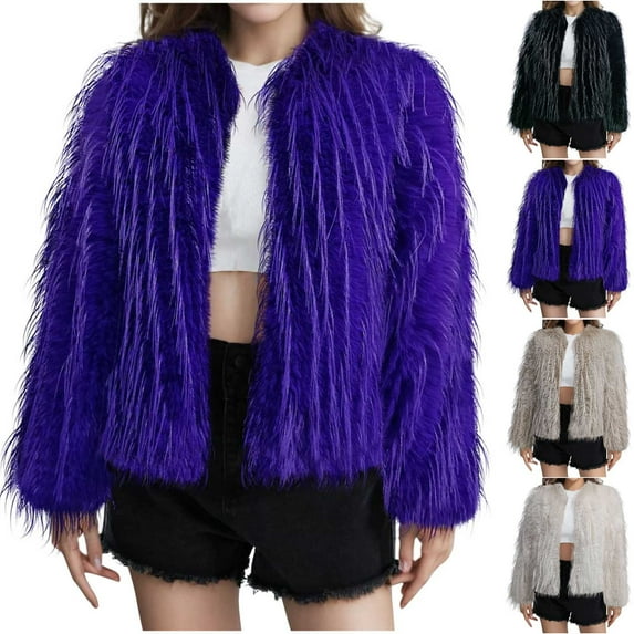 BiZtdJrK Faux Fur Jackets for Women Fluffy Fleece Sherpa Warm Coats Casual Open Front Long Sleeve Plush Outwear Best Sales Today Black M