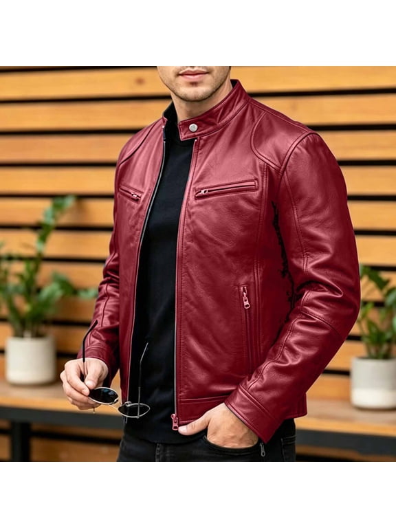 Faux Leather Jacket Men Trendy Zip up Motorcycle Pu Jackets Big and Tall Bomber Jacket Windproof Motorcycle Biker Coats Wine,S