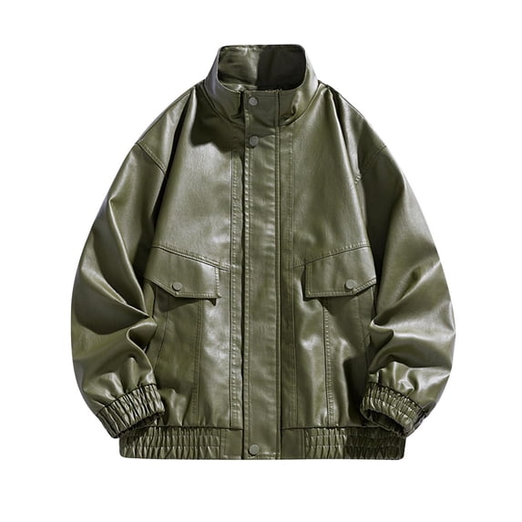 BiZtdJrK Faux Pu Leather Jacket Men Stand Collar Full Zip Motorcycle Jacket Waterproof Windproof Biker Bomber Jackets Army Green,L