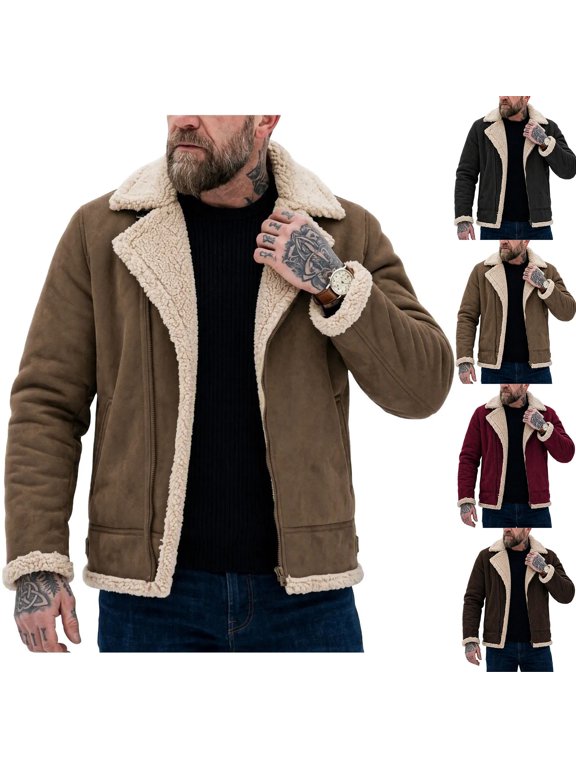Faux Suede Shearling Jacket Men Notched Lapel Long Sleeve Bomber Jackets Fashion Zip up Biker Outerwear Plus Size Casual Warm Coats with Adjustable Buckle & Pockets Coffee L
