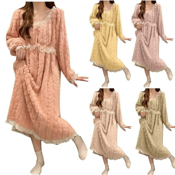 BiZtdJrK Flannel Pajama Dress Women Lace Patchwork Square Neck Long Sleeve Nightdress Fuzzy Cozy Winter Nightgowns Full Length Cute Sleepdress Pink L