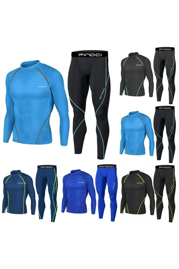 Men's Sports Running Set Compression Long Sleeve Shirt and Jogger Pants 2 Piece Fitness Training Sportswear Light blue XL