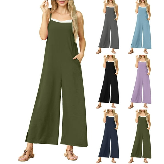 BiZtdJrK Sales Today, Womens Casual Loose Jumpsuits Summer Boho Side Split Wide Leg Rompers Sleeveless Suspender Linen Overalls with Pockets Navy XXL