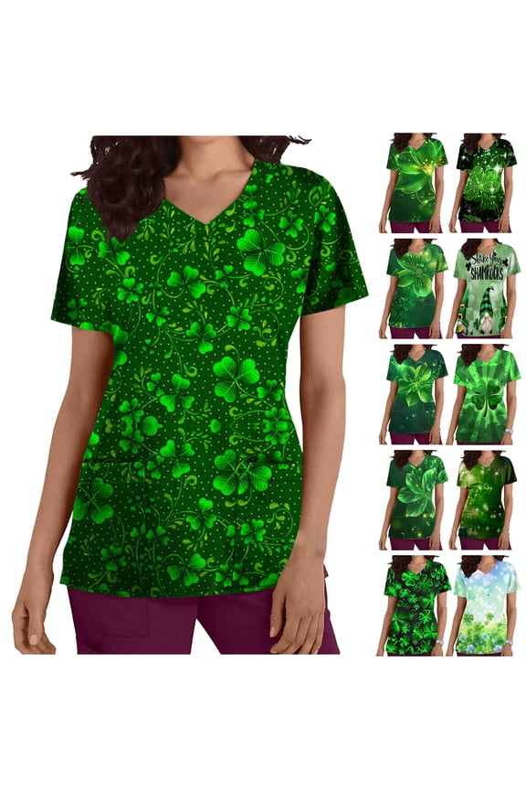 St. Patrick's Day Women Scrubs Tops Workwear Loose Nursing Uniform Scrubs Shirts Fashion Irish Holiday Tops with Pockets Gold M
