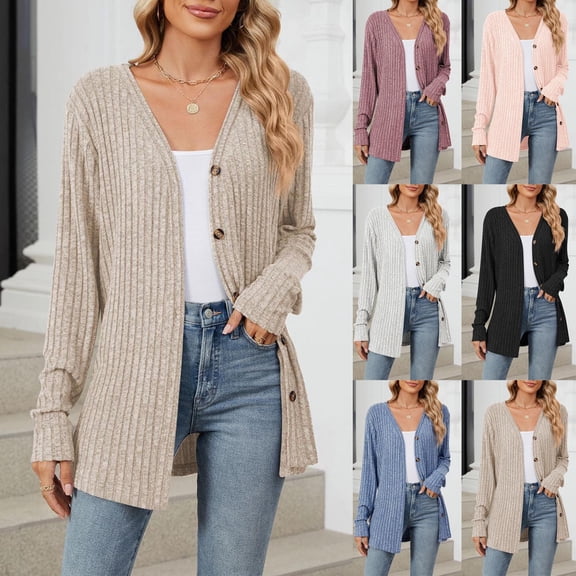 BiZtdJrK Cardigan Sweaters for Women Button Open Front Ribbed Knit Sweater Outwear Casual Solid Color Long Sleeve Cardigans Black XXL