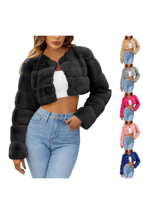 Faux Fur Coats for Women Laple Neck Cropped Winter Warm Outwear Long Sleeve Open Front Casual Teddy Jacket Blue XXL