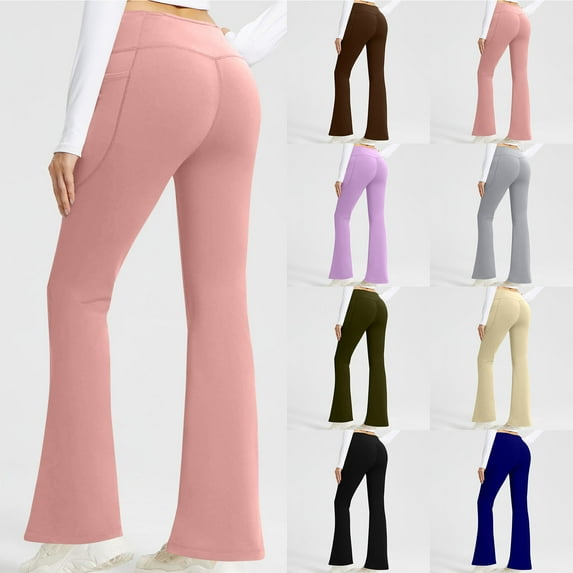 BiZtdJrK Flared Yoga Pants with Pockets for Women Soft High Waisted Wide Leg Workout Leggings Solid Casual Bell Bottom Butt Lifting Tights Purple M