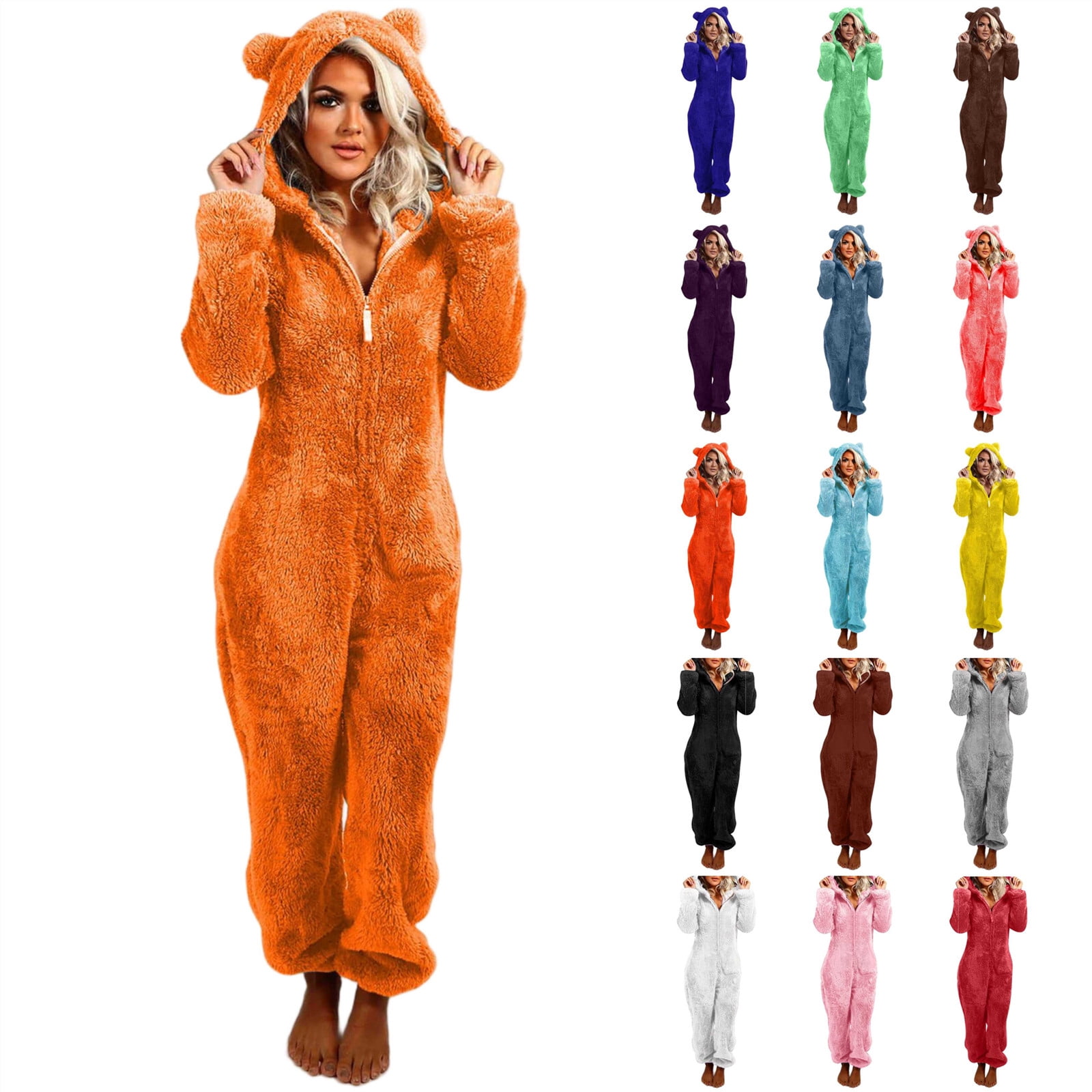 BiZtdJrK Womens Plush Hooded Jumpsuit Solid Color Sherpa Fuzzy Pajamas Long Sleeve Cute Cat One Piece Rompers Winter Warm Sleepwear Navy S