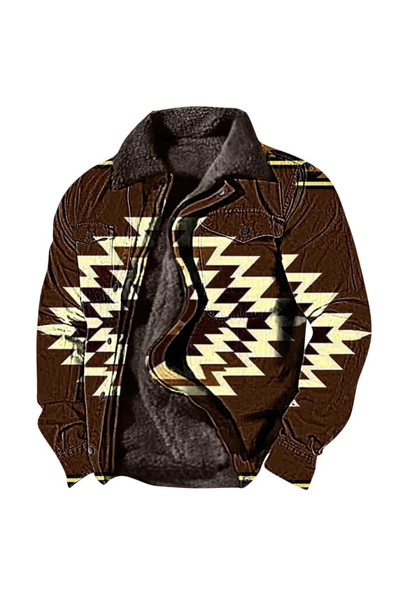 Fleece Aztec Jacket for Men Long Sleeve Zipper Western Jackets Winter Thickening Warm Coats Retro Ethnic Print Casual Jacket Sales Of The Day Brown S