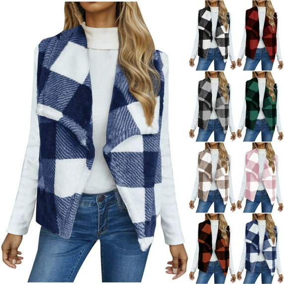 BiZtdJrK Fleece Cardigans for Women Fashion Plaid Open Front Vests Fall Winter Fluffy Plush Jacket Sleeveless Waistcoat Outwear Tops Sales Today Blue S