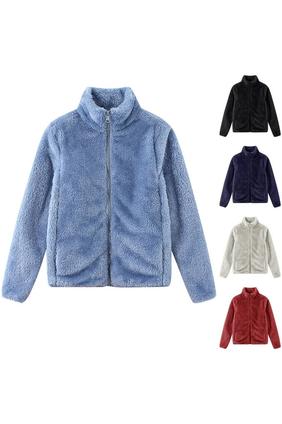 Fleece Jacket Women 2024 Full Zip Long Sleeve Sherpa Coat Fall Winter Warm Stand Collar Outerwear Best Sales Today Black L