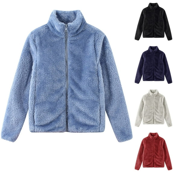 BiZtdJrK Fleece Jacket Women 2025 Full Zip Long Sleeve Sherpa Coat Fall Winter Warm Stand Collar Outerwear Lightening Sales Navy M